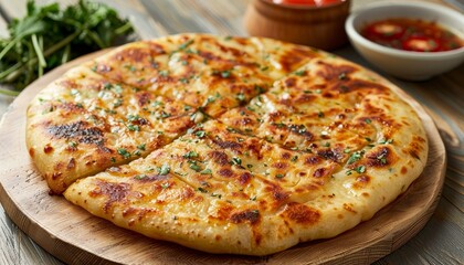 A close-up of a freshly baked cheese flatbread cut into eight slices and sprinkled with parsley, served on a wooden cutting board with a small bowl of tomato sauce in the background.