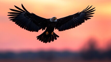 Obraz premium Majestic Eagle with Wings Spread Wide Silhouetted Against a Vibrant Sunset Sky, Symbolizing Freedom and Strength in Nature's Beauty