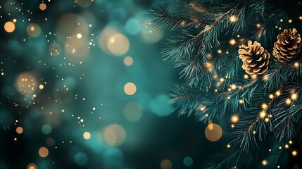 Fototapeta premium Festive Fir Tree with Bokeh and Glowing Lights with copy space 
