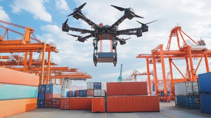 A large cargo drone lifting containers at a busy port, demonstrating the future of efficient and automated goods transport,