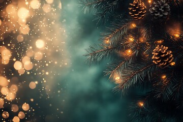 Fototapeta premium Festive Fir Tree with Bokeh and Glowing Lights with copy space 