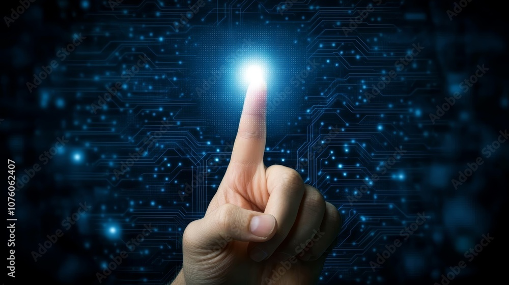 Poster finger activating circuit board button, exploring innovation in technology, electronics, and digital