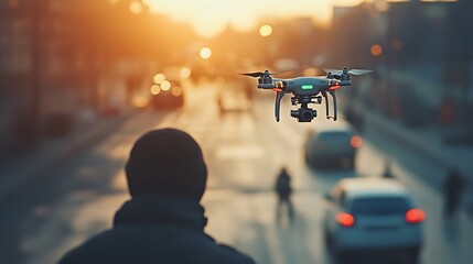 A drone operated by a journalist covering a crime scene investigation, capturing aerial shots of police vehicles and a cordoned-off area, the reporter speaking into a microphone, somber atmosphere,