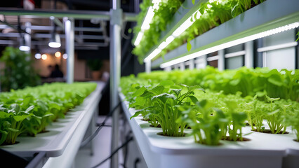 A vertical indoor farm with LED grow lights and hydroponic systems, filled with leafy greens and microgreens for urban food solutions