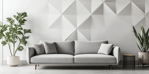 Grey sofa with pillows in a modern living room with geometric wall and plants.