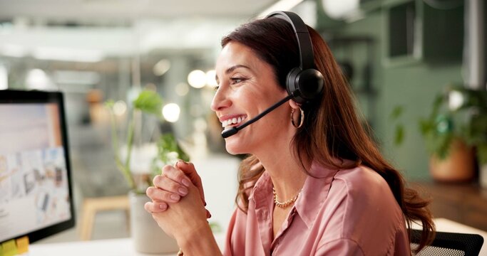 Woman, headset and computer screen at call center in office for crm, customer service and sales information. Advisor, mic and talking for telemarketing, technical support and feedback of legal advice