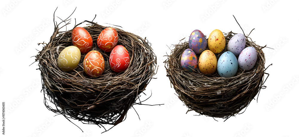 Poster a collection of natural, real birds nests from the side isolated against a transparent background wi