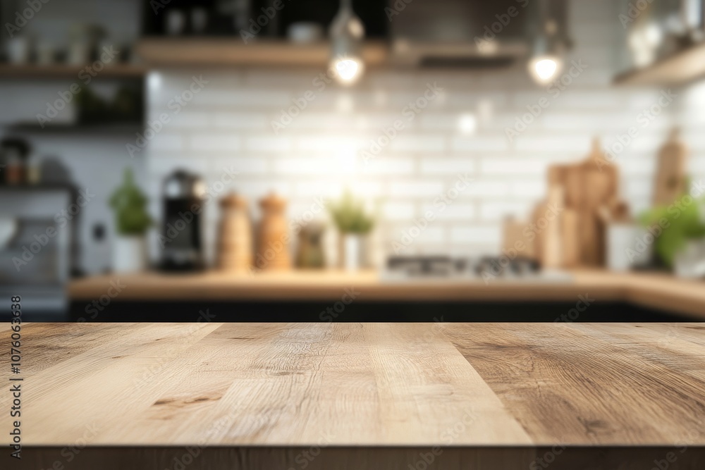 Poster empty wooden countertop with a blurred background of a kitchen.