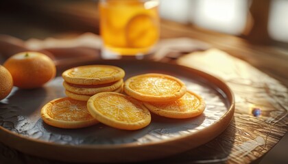 A stack of dried orange slices on a plate with a glass of orange juice in the background.