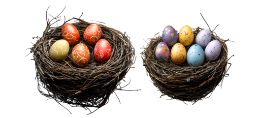 A collection of natural, real birds nests from the side isolated against a transparent background with a copy of the front that can be placed over the top of painted Easter eggs added to the nest.