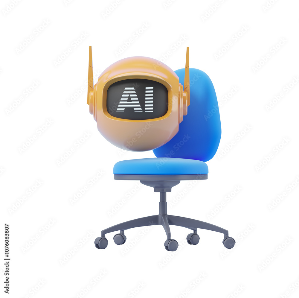 Poster ai robot head merged with a blue office chair on a white background. concept of artificial intellige