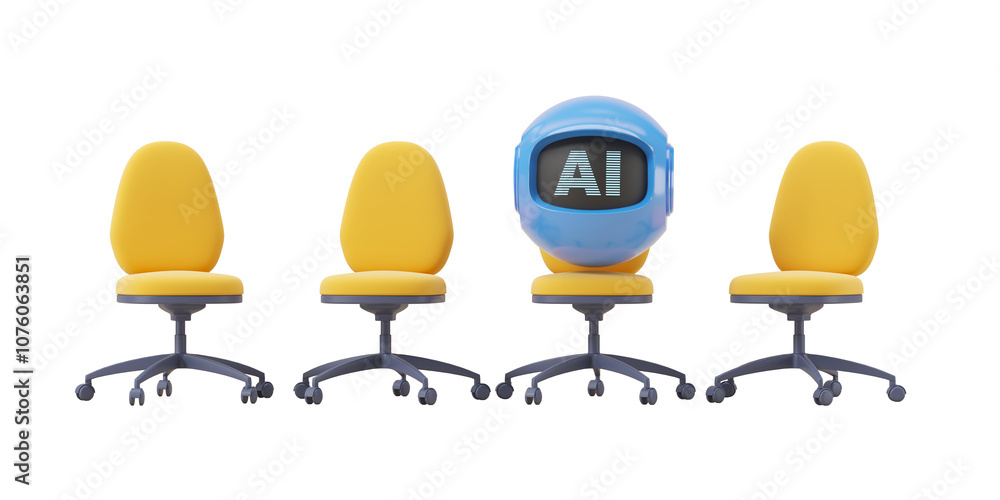 Poster yellow office chairs line up with a blue robot head displaying ai, on a white background. concept of