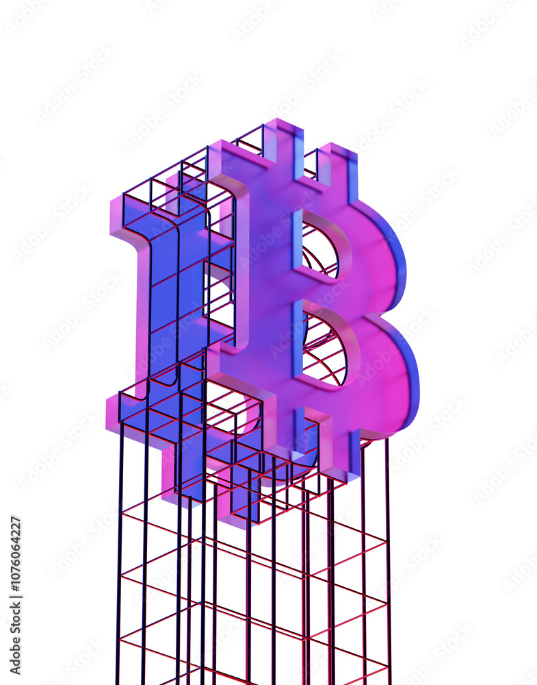 Poster blue and pink metallic bitcoin symbol with grid structure on a white background. concept of digital 
