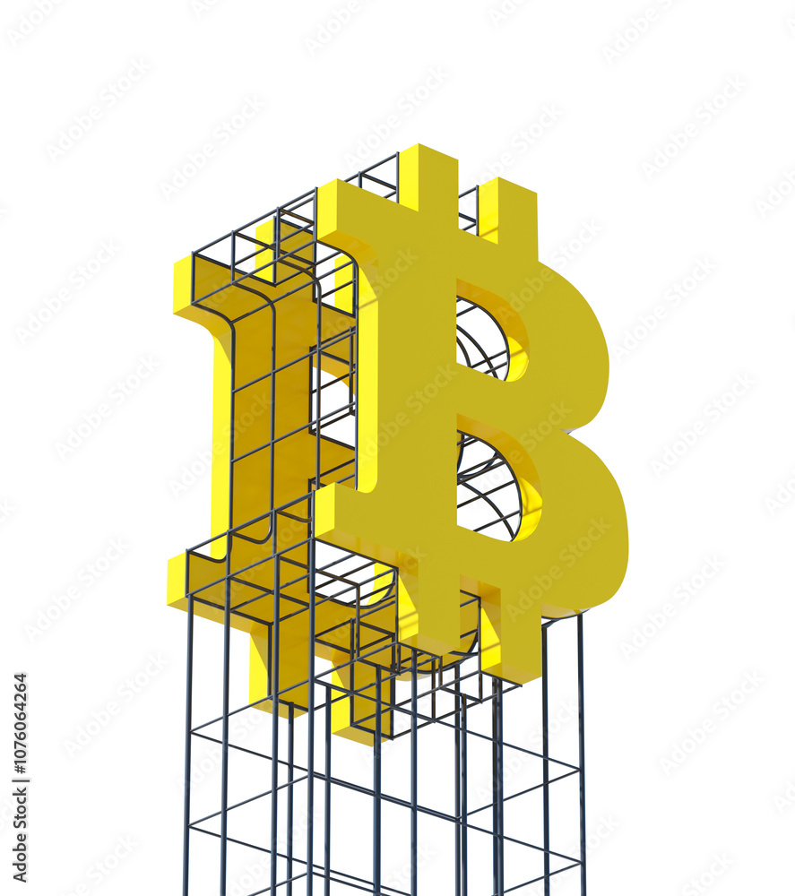 Poster yellow bitcoin symbol in a wireframe structure, isolated on a white background. concept of digital c