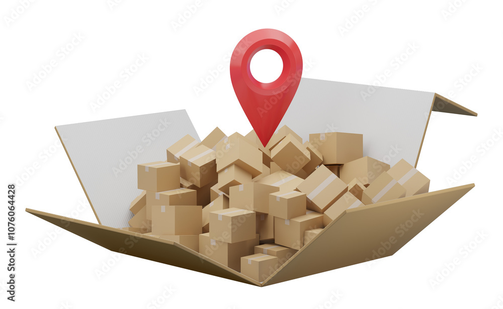 Poster open box overflowing with cardboard boxes and a red location pin on top. white background. concept o
