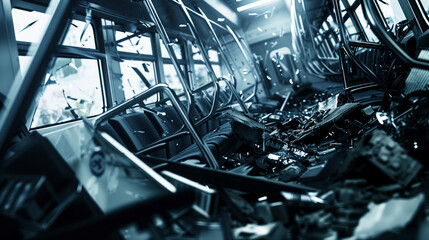 Train car interior in ruins with shattered windows and debris, symbolizing the aftermath of a bombing, focusing on the destruction with a shallow depth of field.