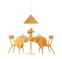 Elegant dining table with orange chairs and tablecloth, floral centerpiece, and hanging lamp on white background. Home decor concept. 3D Rendering