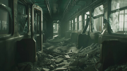 Train car interior in ruins with shattered windows and debris, symbolizing the aftermath of a bombing, focusing on the destruction with a shallow depth of field.