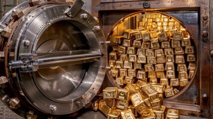A bank vault door is slightly open, showcasing abundant stacks of cash and glistening gold bars illuminated by natural light