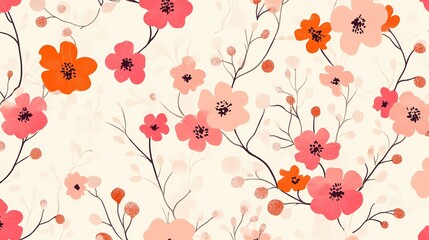 Pink and orange flowers and leaves pattern illustration poster background