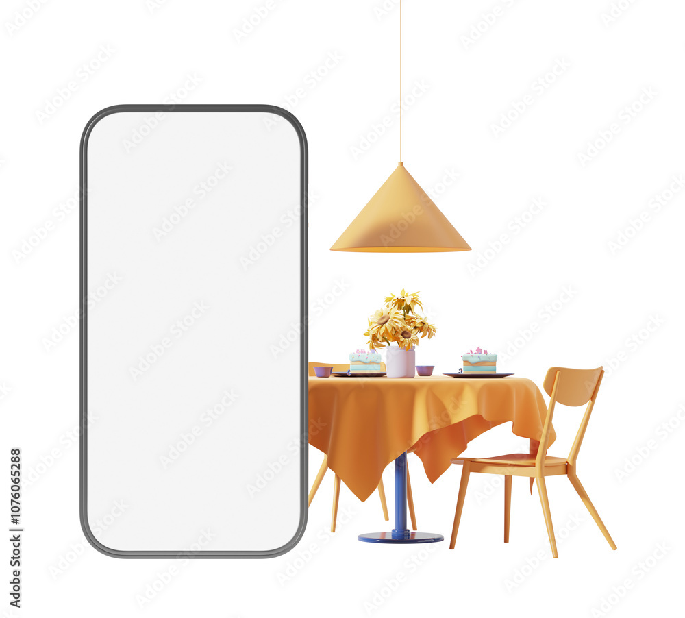 Poster smartphone mockup with blank screen next to cozy dining setup on clean white background. concept of 
