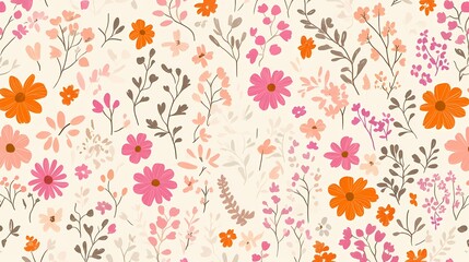 Pink and orange flowers and leaves pattern illustration poster background
