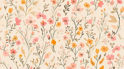 Pink and orange flowers and leaves pattern illustration poster background