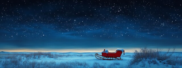 Fototapeta premium Santa’s Sleigh Parked in a Quiet Snowy Field Under the Night Sky, with Ample Copy Space Above for Festive Messages, Holiday Wishes, or Seasonal Sale Announcements
