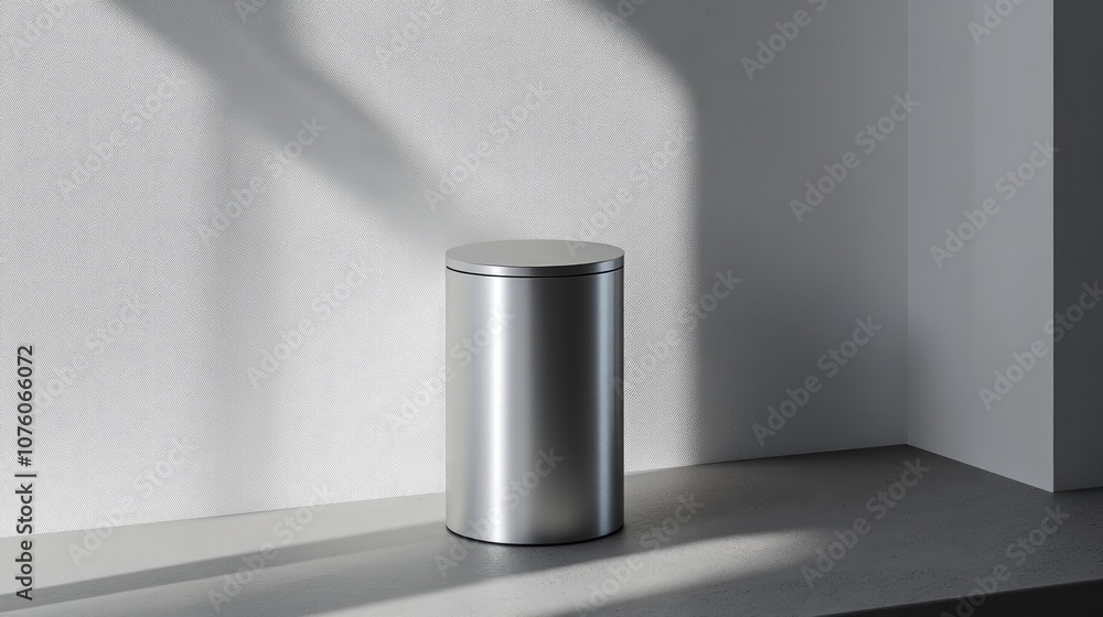 Poster minimalist silver trash can in modern interior setting with soft shadows and neutral tones creating 