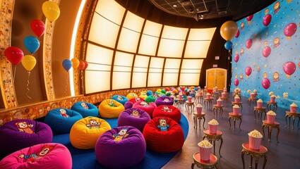 Children’s Cinema Room with Soft Bean Bags and Animated Film Decor