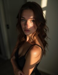 High Angle Portrait of Attractive British Girl in Soft Lighting