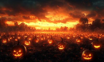 Creepy Pumpkin Patch at Twilight with Rows of Jack-o'-Lanterns Flickering, Surrounded by Shadows, with an Open Area Above for Adding Halloween Titles or Festive Quotes
