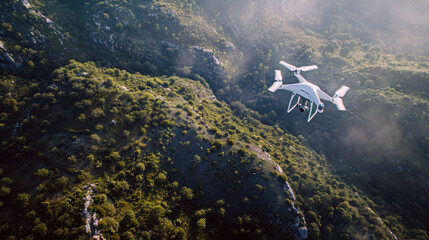 A sophisticated drone ascends over verdant terrains, employing AI to gather images and data efficiently from the sky