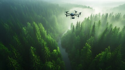 Naklejka premium A tourist operating a drone over a lush forest, capturing aerial shots of tall green trees and a winding river below, sunlight filtering through the canopy,