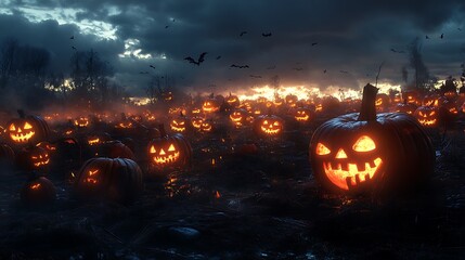 Creepy Pumpkin Patch at Twilight with Rows of Jack-o'-Lanterns Flickering, Surrounded by Shadows, with an Open Area Above for Adding Halloween Titles or Festive Quotes