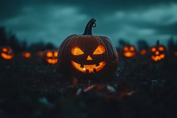 Creepy Pumpkin Patch at Twilight with Rows of Jack-o'-Lanterns Flickering, Surrounded by Shadows, with an Open Area Above for Adding Halloween Titles or Festive Quotes