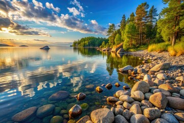 Obraz premium Tranquil Rocky Shoreline with Reflections on Vrd Island, Finland - Serene Landscape Photography, Nature, Waterfront, Scenic Beauty, Calm Waters, Coastal Views.