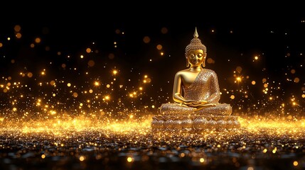 Golden Buddha statue surrounded by shimmering lights on a dark background.