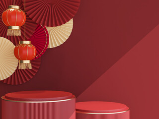 Abstract red pedestal podium 3D design with red lanterns and traditional lunar paper fans on red background. Minimal studio showroom concept for presentation product display, showcase, backdrop © goku4501