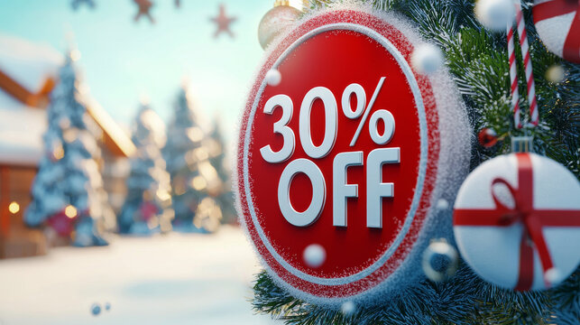30% Off sales 3D rendering sign illustration with year end or Christmas winter sale