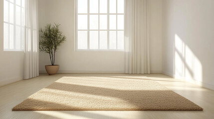 Interior of modern minimalist living room. White empty walls, Bright and Spacious Empty Room with Natural Light.