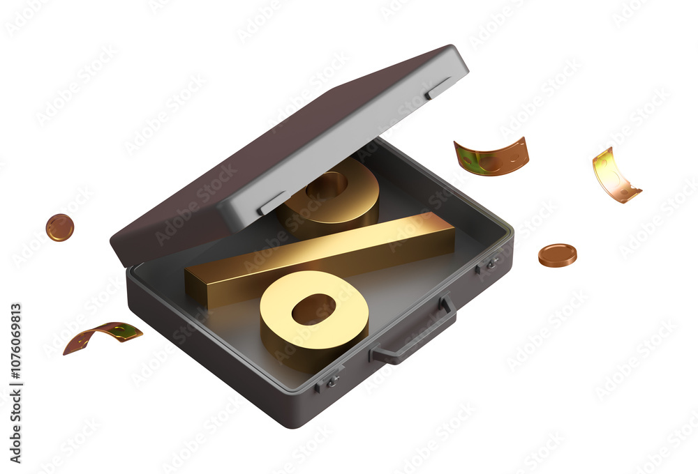 Poster golden percentage symbol inside an open briefcase with scattered coins on white background. concept 