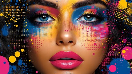 Vivid artistic makeup with colorful splashes highlighting facial features.