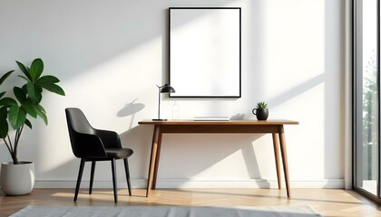 A minimalist home office with a wooden desk, a black chair, and a framed artwork on the wall