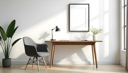 A minimalist home office with a wooden desk, a black chair, and a framed artwork on the wall