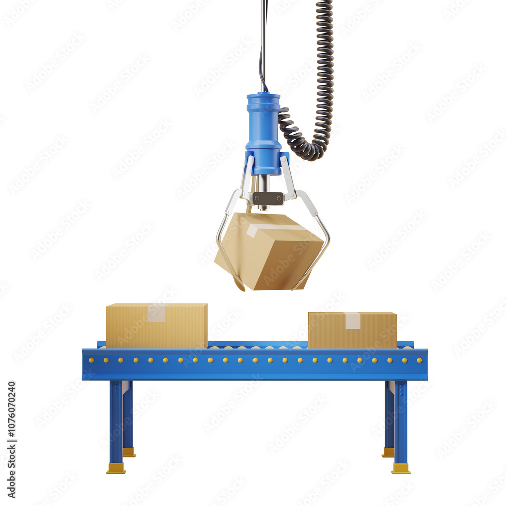 Poster robotic arm lifting a box on a conveyor belt, isolated on a white background. concept of automation 