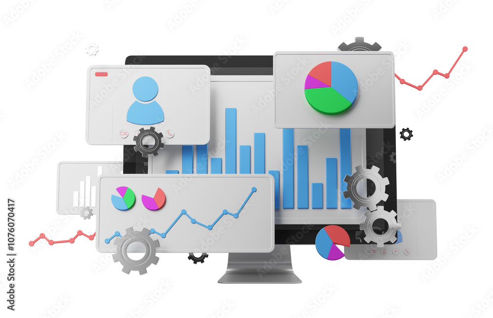 Poster 3d rendering of digital data analytics interface with charts and gears on white background. concept 