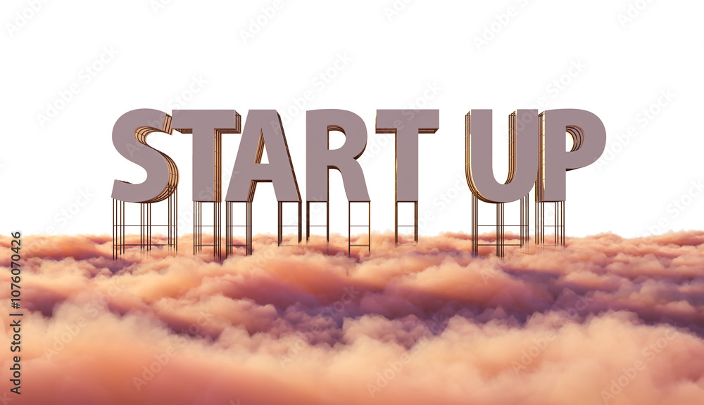 Aufkleber large 3d startup text standing above fluffy clouds against a white background. concept of innovation