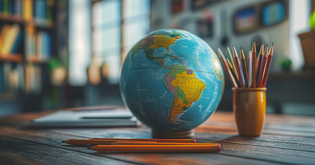 World Globe and Pencils on a Wooden Table in a Cozy Study Room
