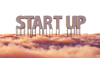 Large 3D STARTUP text standing above fluffy clouds against a white background. Concept of innovation and ambition. 3D Rendering